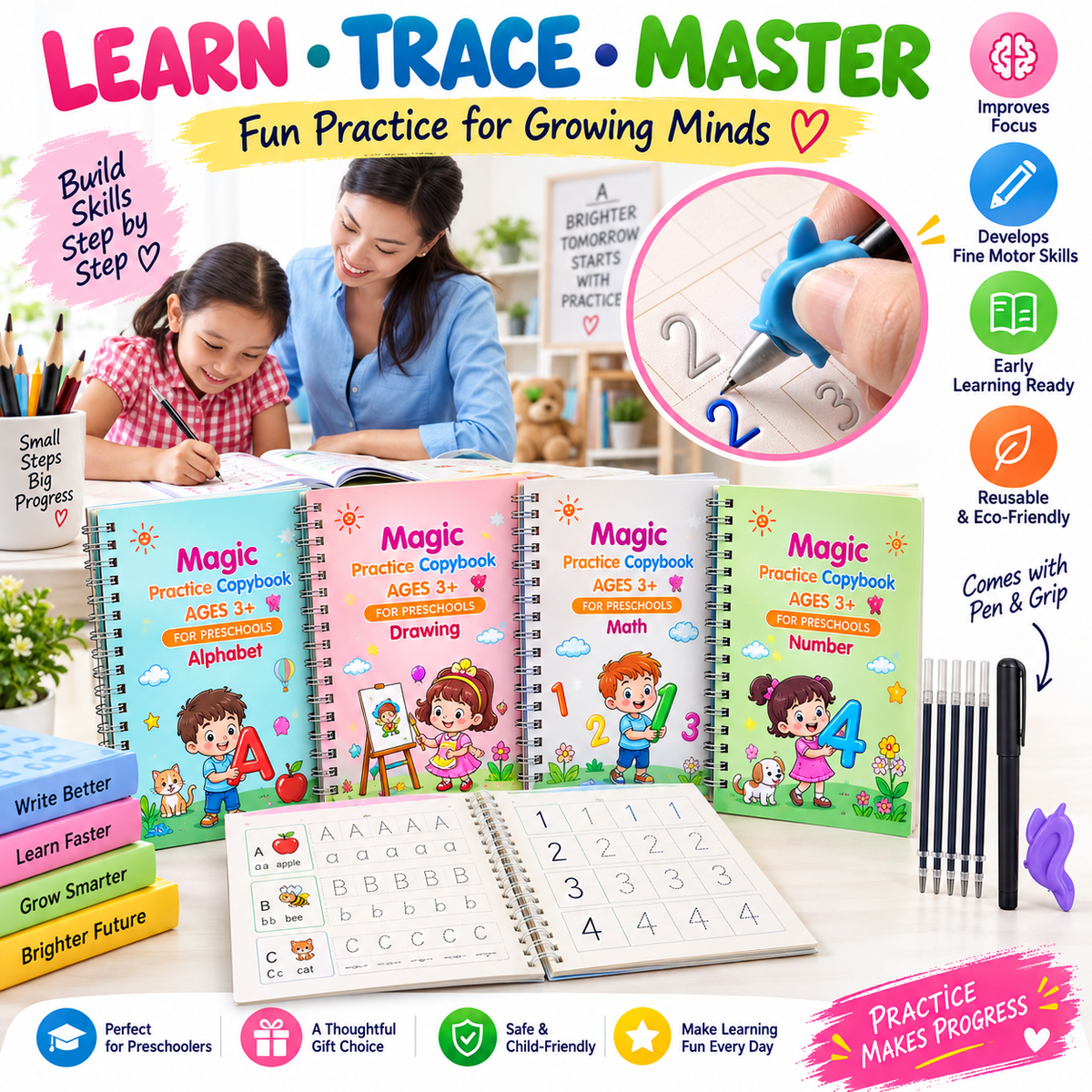 Magic Practice Copybook (4 BOOKS,1 PEN,1 GRIP,10 REFILL) – 50% OFF Today!