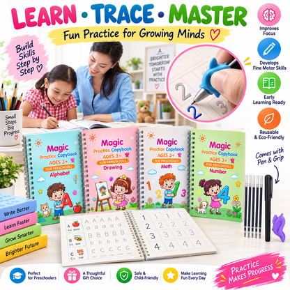 Magic Practice Copybook (4 BOOKS,1 PEN,1 GRIP,10 REFILL) – 50% OFF Today!