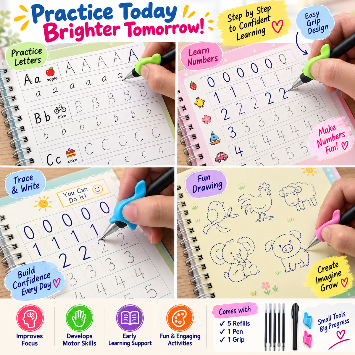 Magic Practice Copybook (4 BOOKS,1 PEN,1 GRIP,10 REFILL) – 50% OFF Today!