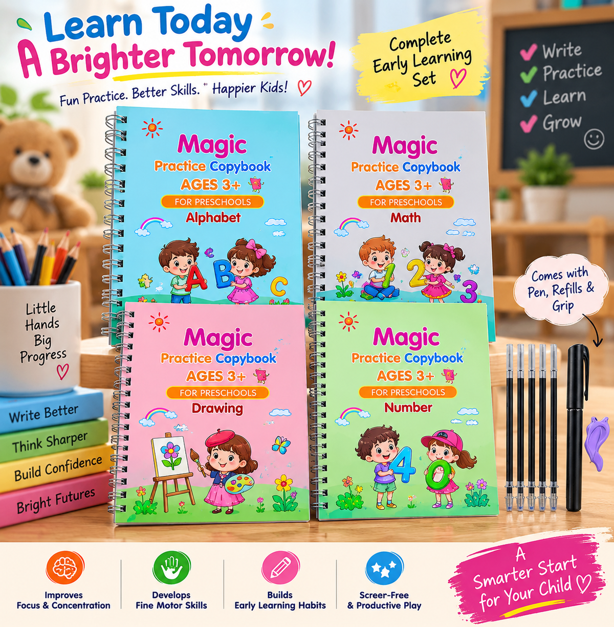 Magic Practice Copybook (4 BOOKS,1 PEN,1 GRIP,10 REFILL) – 50% OFF Today!